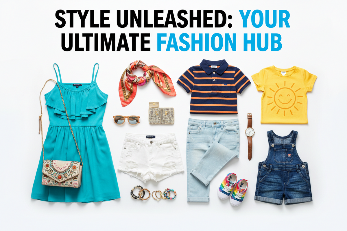 Flat lay of various colorful summer clothing and accessories for women and kids.