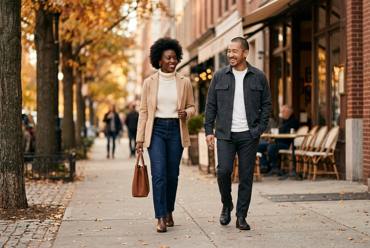 A man and woman walking on a city sidewalk wearing stylish fall outfits.