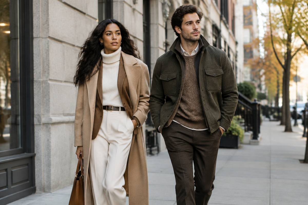 Man and woman walking in fall outfits, featuring a tan coat and olive jacket.