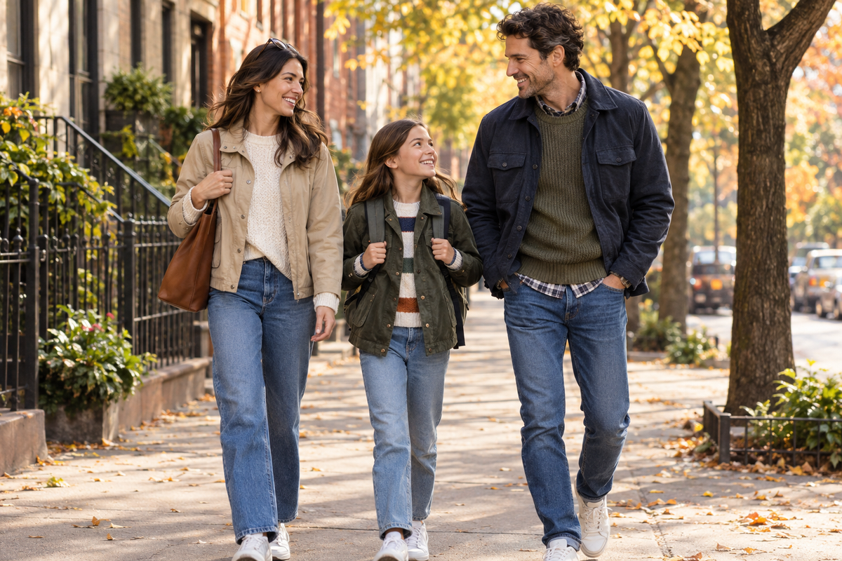 Happy family in casual fall layers walking on a city sidewalk with autumn trees.