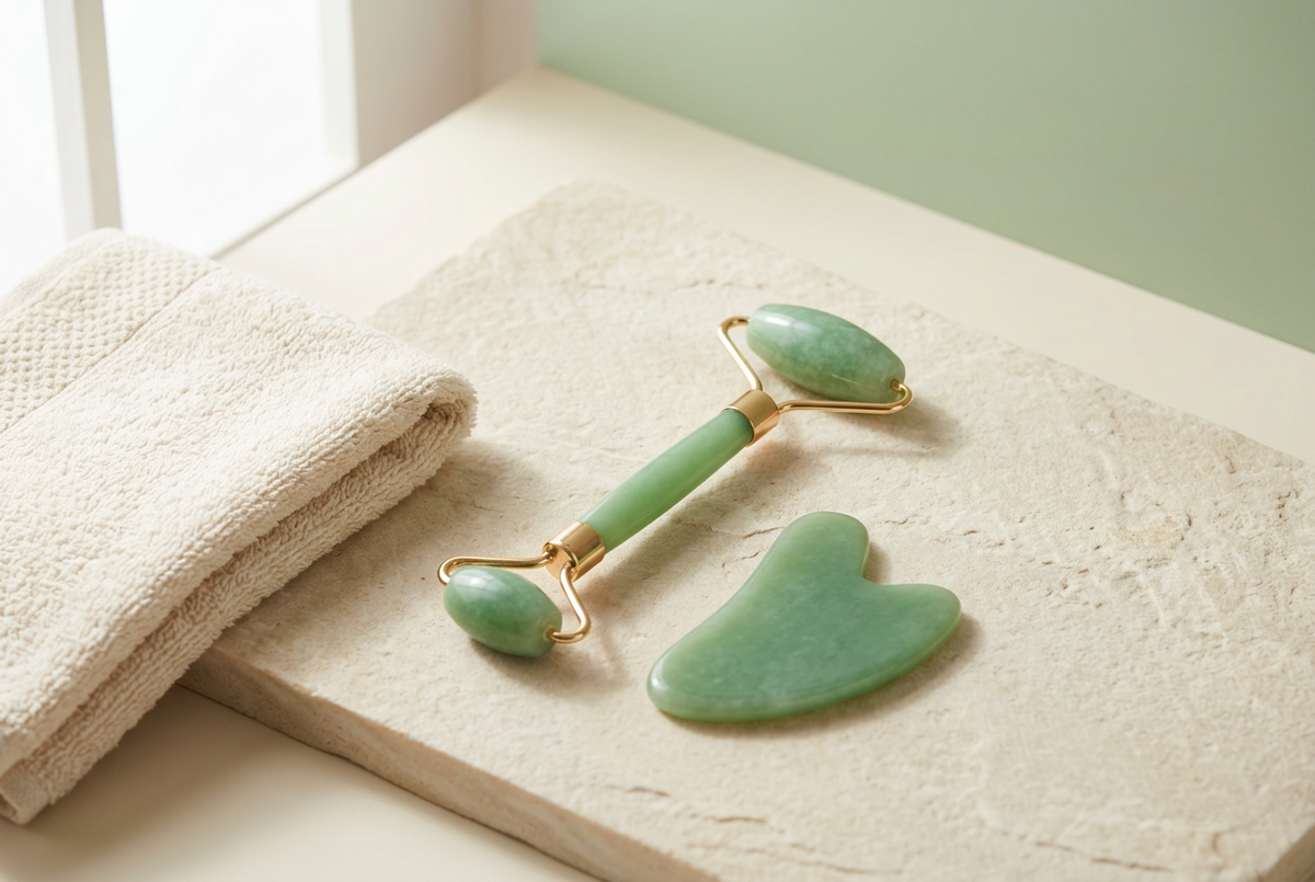 Green jade facial roller and gua sha stone on a stone tray next to a white towel.