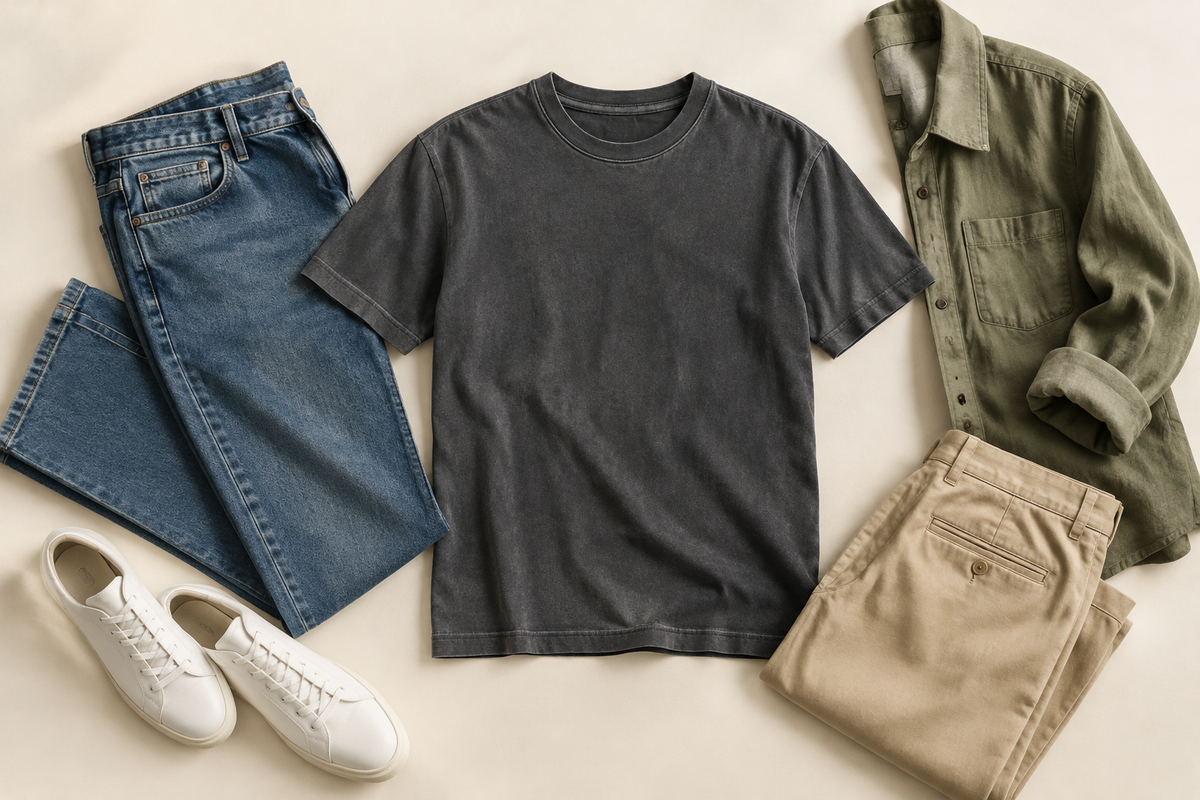 Flat lay of a washed charcoal cotton t-shirt, blue jeans, olive shirt, khaki pants, and white sneakers.