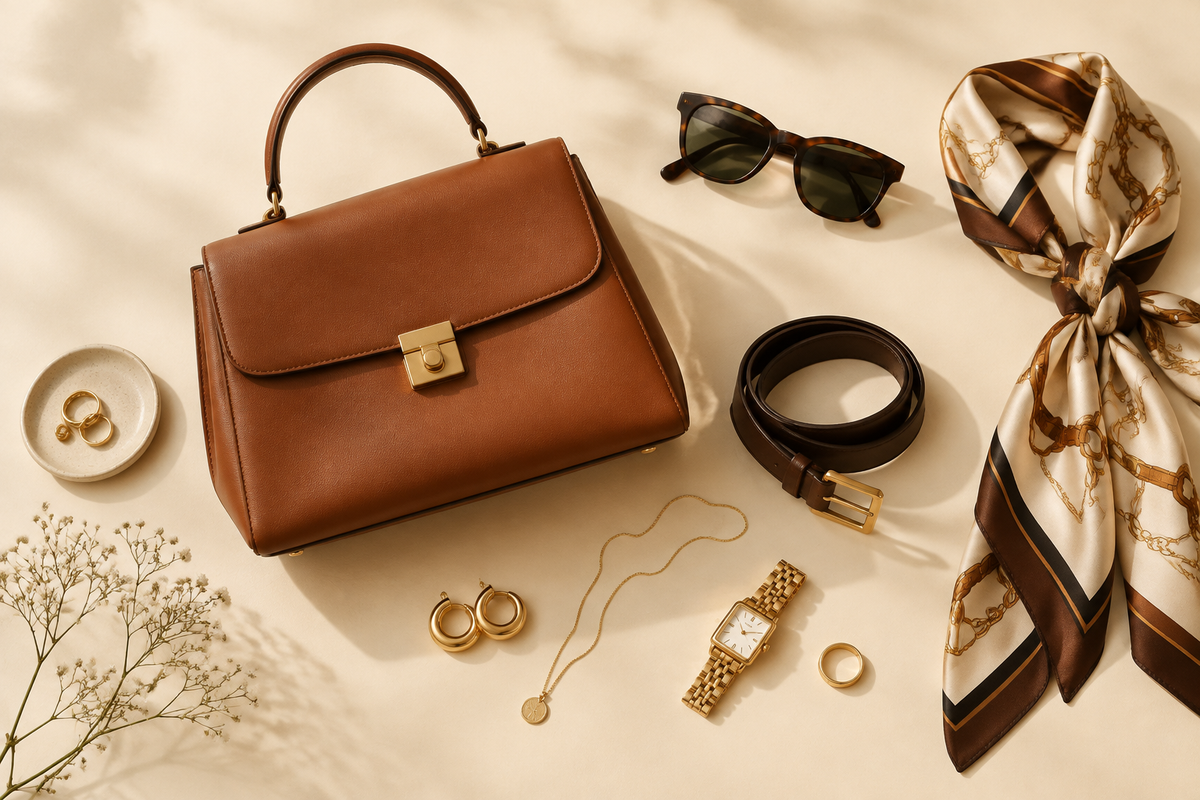 Handbag, sunglasses, belt, scarf, and jewelry arranged on a cream background