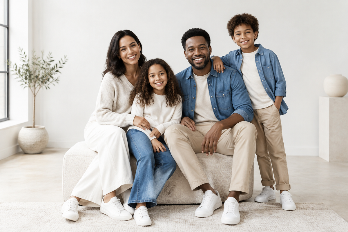Happy family wearing casual everyday outfits and seasonal wardrobe essentials.