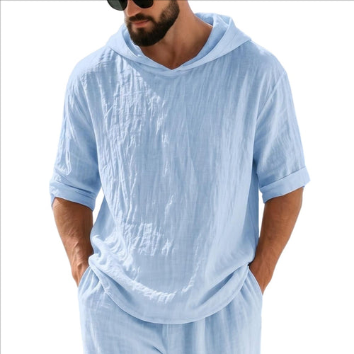 Men's Hooded Short Sleeve Top – Casual Summer Pullover Tee – Sapphire Blue | Y&KO